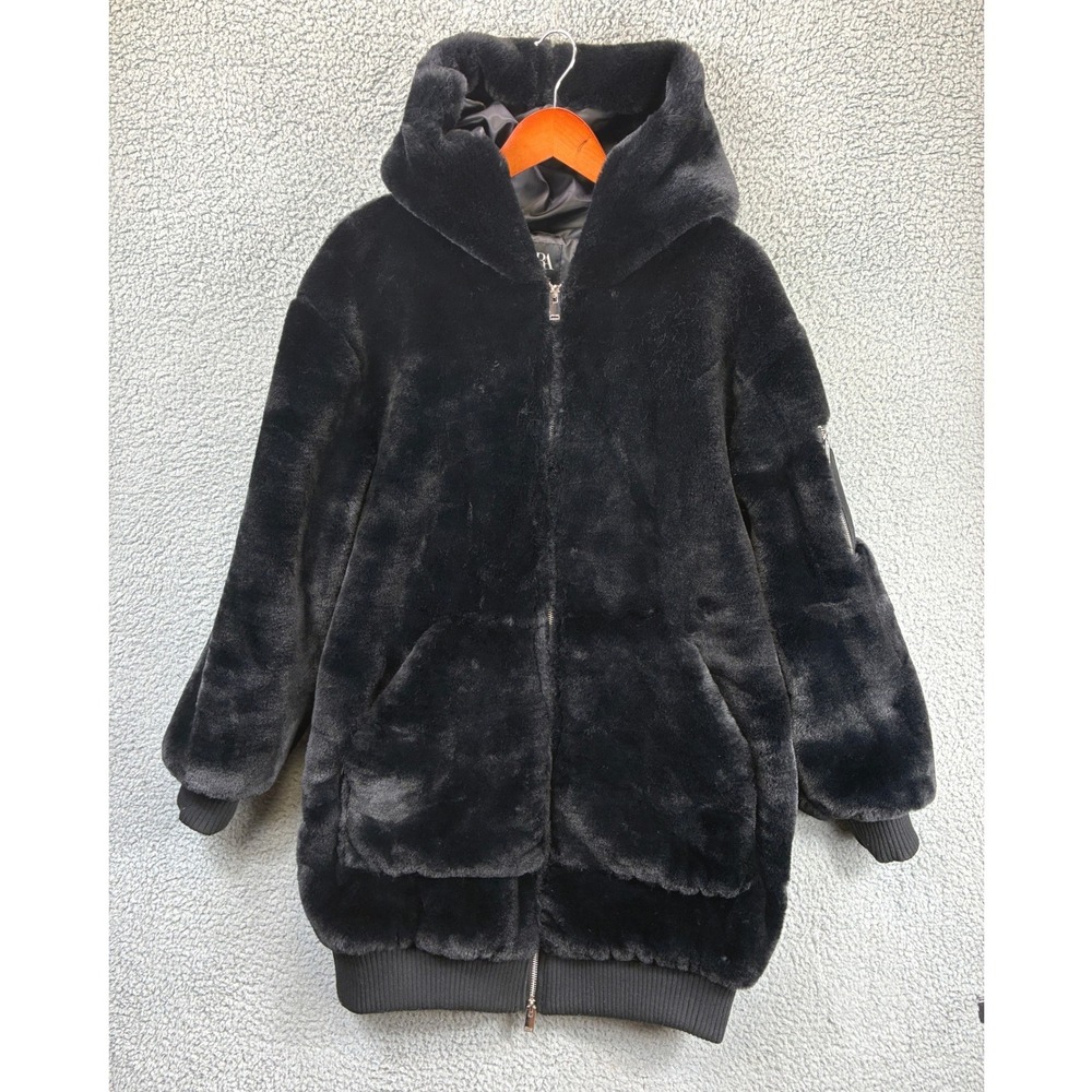 Zara Faux Fur Bomber Jacket Mens M Black Full Zip Hooded Streetwear Winter